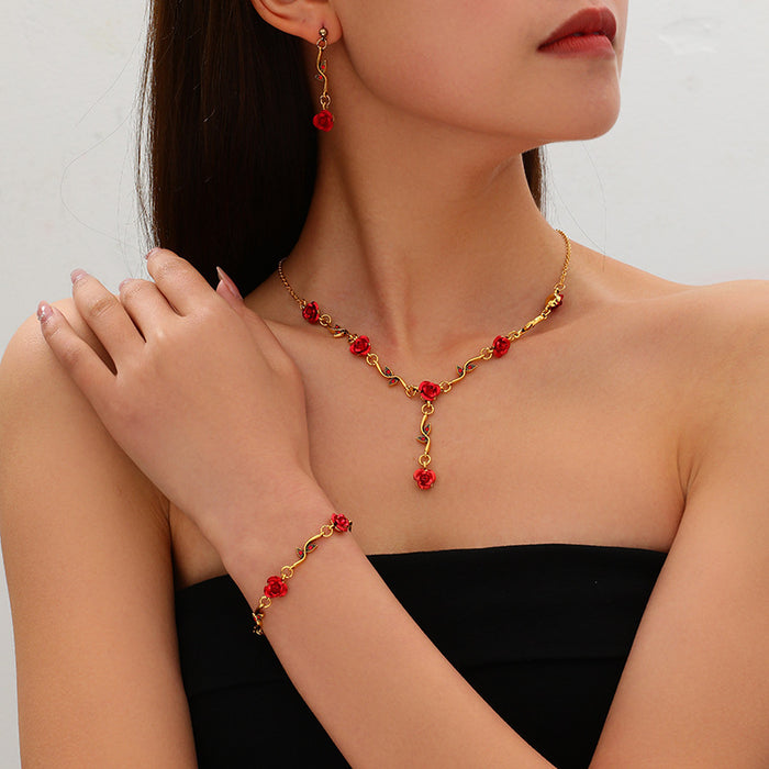 Wholesale Rose Flower Bracelet suit Elegant Red Rose Necklace Trendy Bracelet