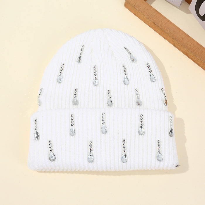 Wholesale Pearl sparkling diamond knitted hat,  double-layer outdoor warm woolen hat