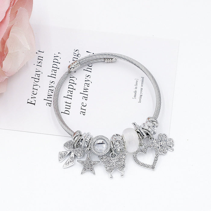 Wholesale Diamond studded butterfly bead bracelet, clover pendant, lucky bracelet with accessories
