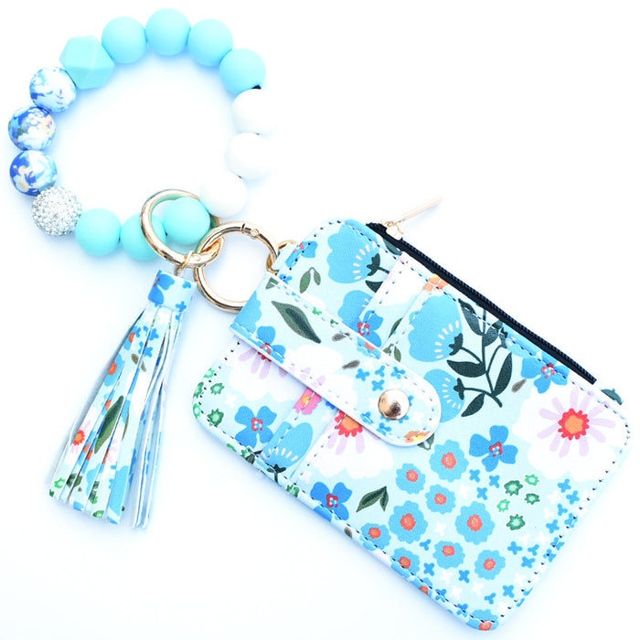 Wholesale PU Women's Leather Coin Purse Card Holder Silicone Wrist Daisy Floral DIY Beaded Women's Keychain