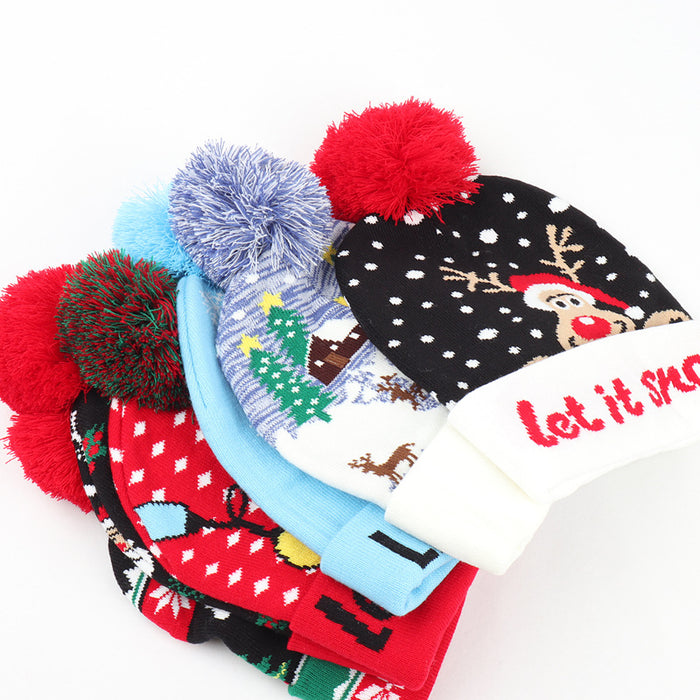 Wholesale Warm jacquard wool hat with cuffs and balls Christmas hat with elk earmuffs
