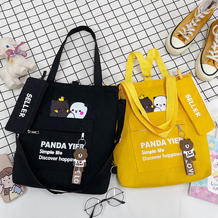 Wholesale Canvas Shoulder Bag Cartoon Bear Two-piece Student Double Back Canvas Bag Crossbody Large Capacity Tote Bag