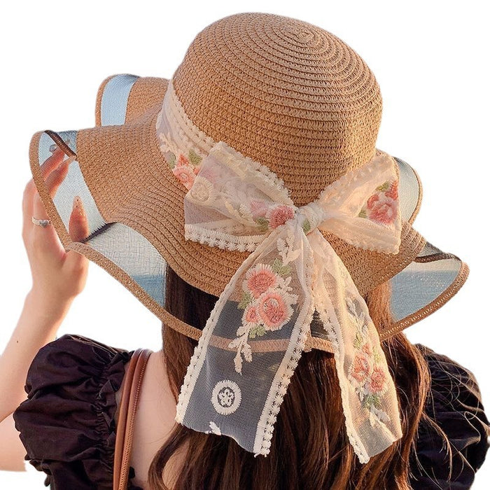 Wholesale Flower ribbon sun hat, sun hat, large brim straw hat
