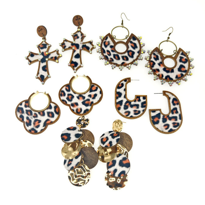 Wholesale Wood-cut Double-layer Leather Leopard Earrings Exaggerated Vintage Distinctive Grape String Earrings