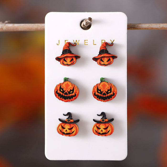 Wholesale  Ghost Witch Hat Black Cat Ghost Face Pumpkin Earrings Set Wooden Party Earrings Gift