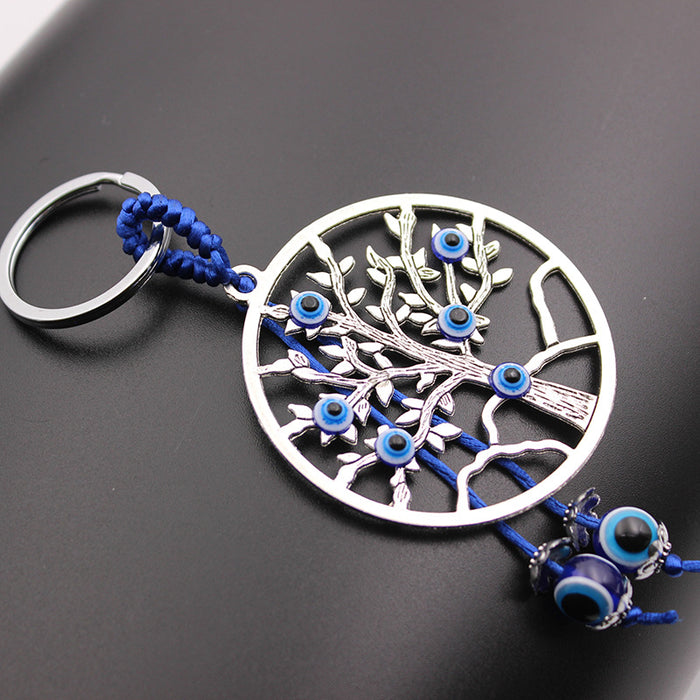 Wholesale Alloy Electroplating Ancient Silver Tree of Life Blue Eyes Keychain Key Accessories