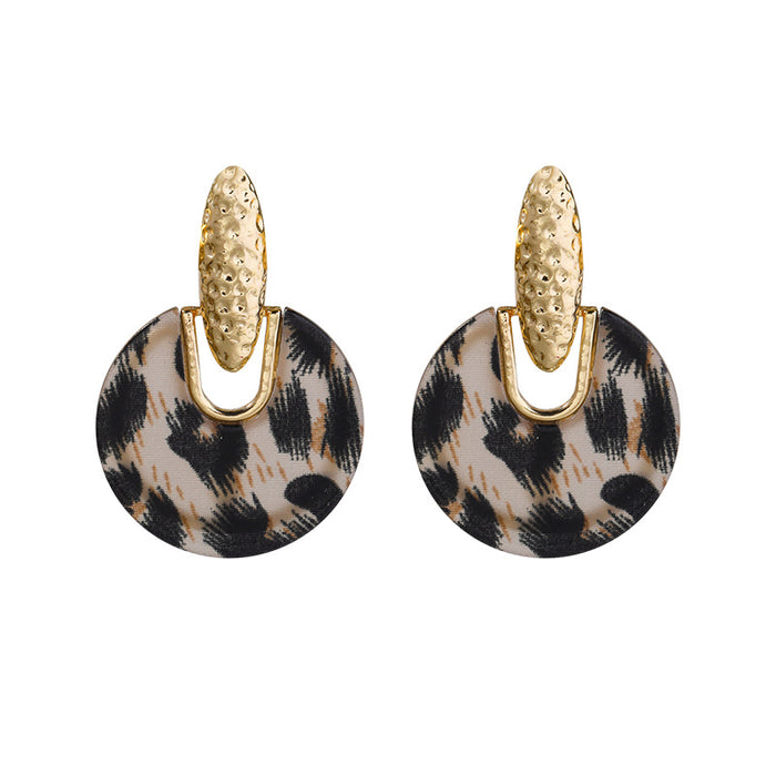 Wholesale Alloy round Disc Earrings Leopard Print Gold Plated S925 Silver Needle Drop