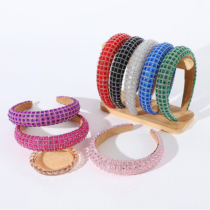 Wholesale New all-inclusive solid color plaid rhinestone headband full of diamonds simple and versatile temperament sponge headband hair pressing headdress