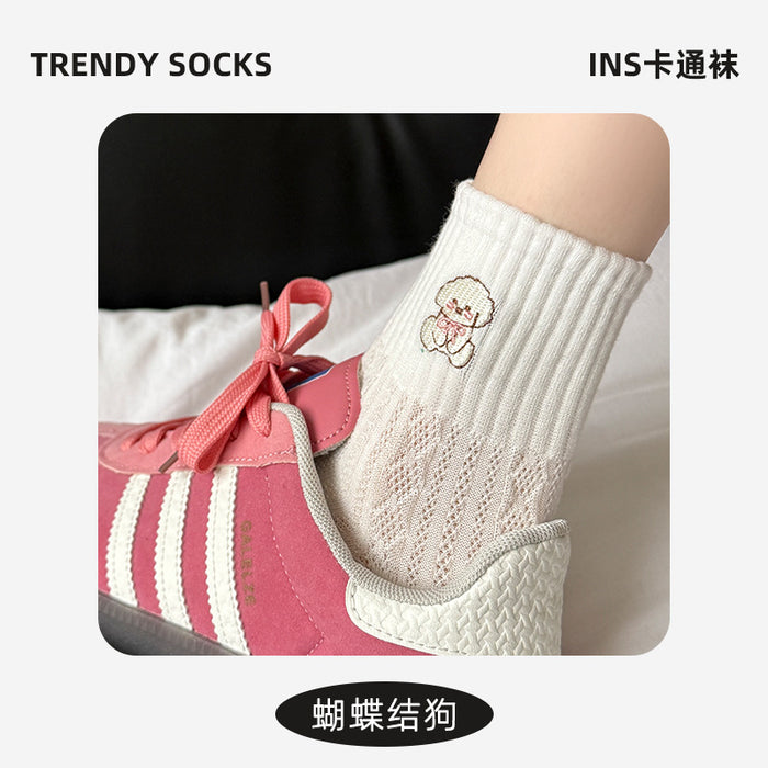 Wholesale Socks with cartoon striped embroidery, mid tube cotton socks, versatile socks