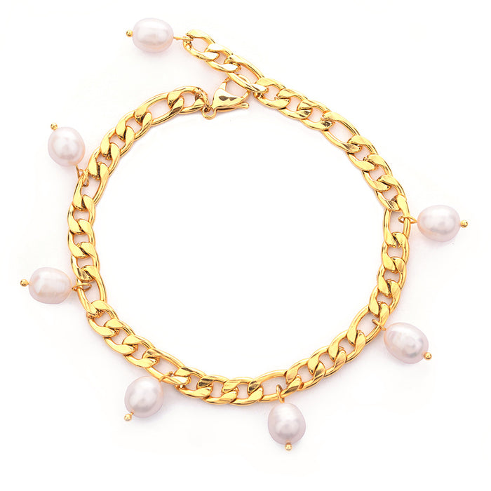 Wholesale Hip hop personality stainless steel natural freshwater pearl Cuban chain foot chain color preservation wholesale