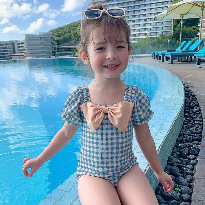 Wholesale Children's one-piece swimsuit bow checkered swimsuit cross elastic bubble sleeve swimsuit