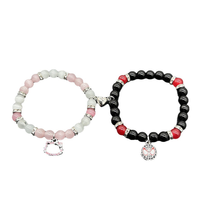 Wholesale beaded  and cat love magnetic couple elastic bracelet imitation moonstone