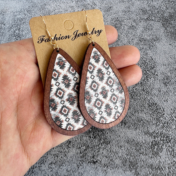 Wholesale Aztec ethnic style wood earrings water drop printing retro texture