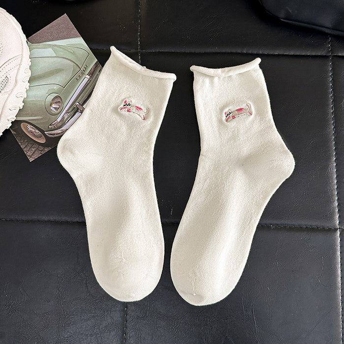 Wholesale Socks with embroidered edges, cute cartoon style, mid tube socks, cotton socks