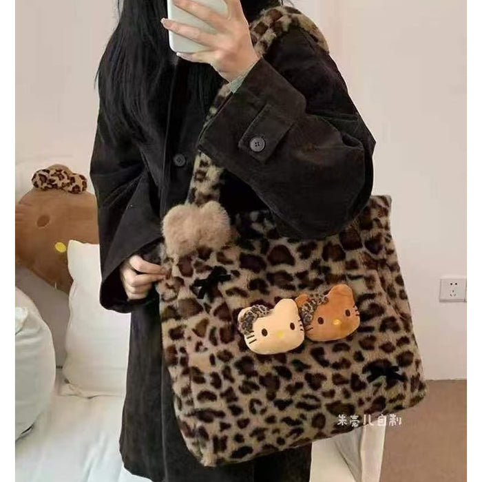 Wholesale Cartoon Printed Plush Bag Women's Autumn and Winter Lazy Large Capacity Leopard Print Shoulder Bag