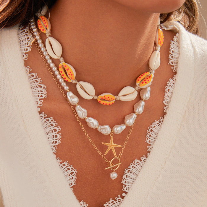Wholesale Bohemian Starfish Shell Pendant Necklace Faux Pearl Ocean Series Beach Vacation Style