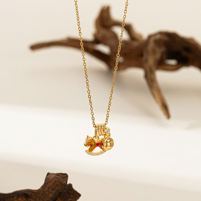 Wholesale Titanium steel jewelry, stainless steel micro inlaid horseshoe buckle necklace, double ring interlocking high-end accessory