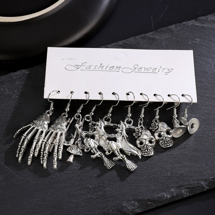 Wholesale  Exaggerated Earrings European and American Silver Pumpkin Skull Claw  Earrings 5-Piece Set Earrings