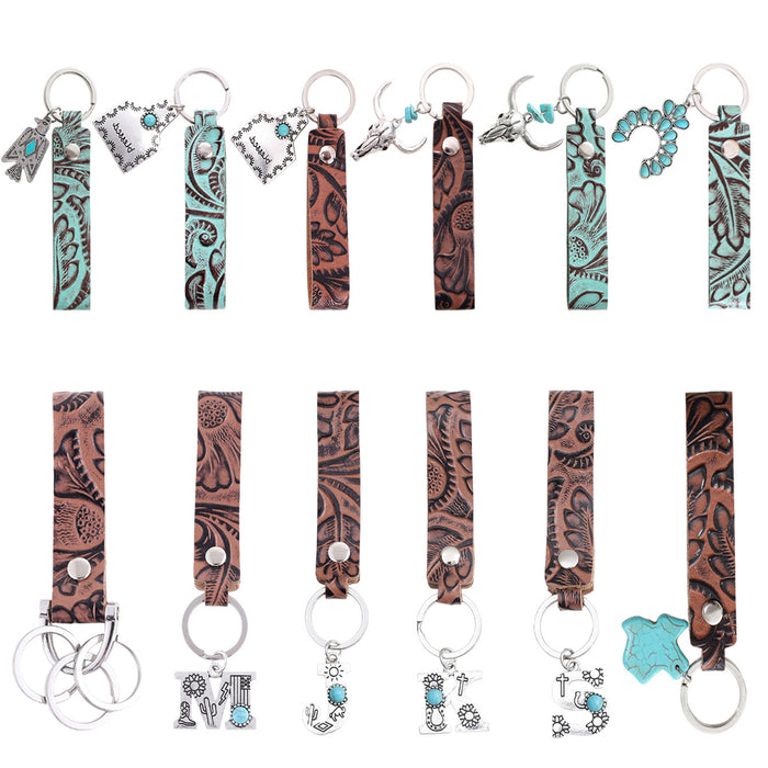 Wholesale Genuine Leather Retro Keychain with Handmade Textured Design