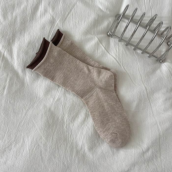 Wholesale Color blocking double-layer ribbed rolled edge boneless midsole socks with versatile vertical stripes for slimming and stacking socks