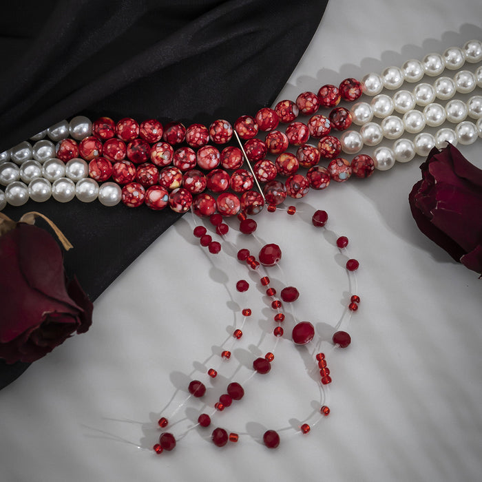 Wholesale jewelry round beads necklace vintage gothic style blood drop tassel imitation pearl necklace