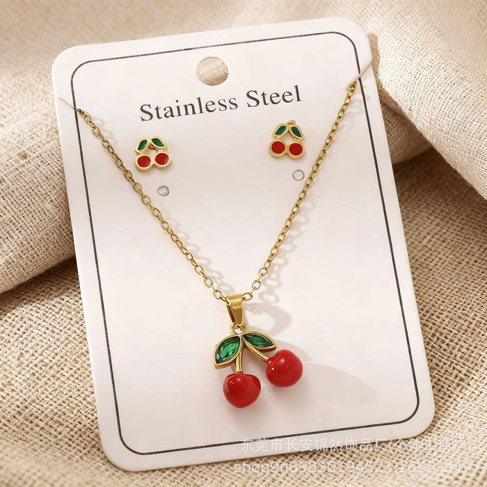 Wholesale 18K Gold Cherry Stainless Steel Earring and Necklace Set