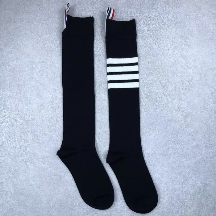 Wholesale Socks men's and women's mid length gray four bar striped pure cotton calf socks