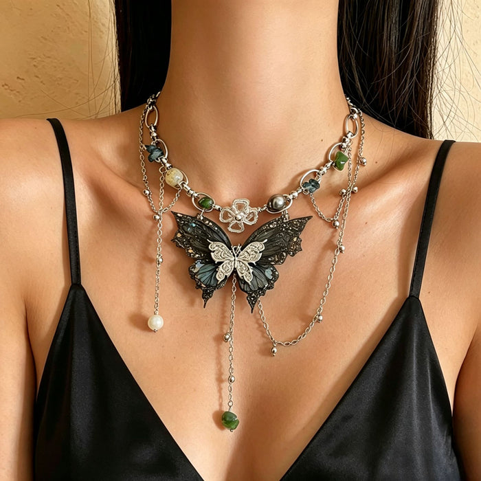 Wholesale Alloy Purple Crystal Butterfly Tassel Necklace Fashion Jewelry Accessory
