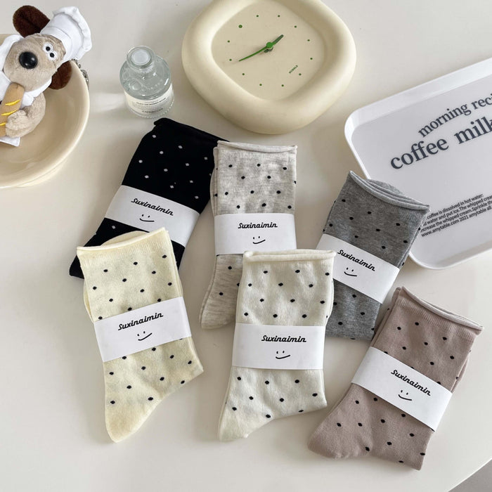 Wholesale Sweat absorbing and breathable socks with polka dot rolled edges, mid tube socks, stacked socks