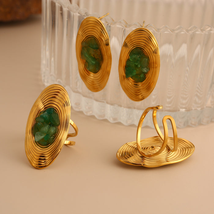 Wholesale Vintage exquisite high-end stainless steel oval earrings set with natural stone earrings and ring set