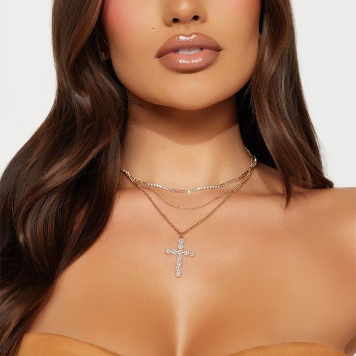 Wholesale Light luxury, niche design, cross necklace, fashionable retro, full diamond, layered, high-end, personalized accessory