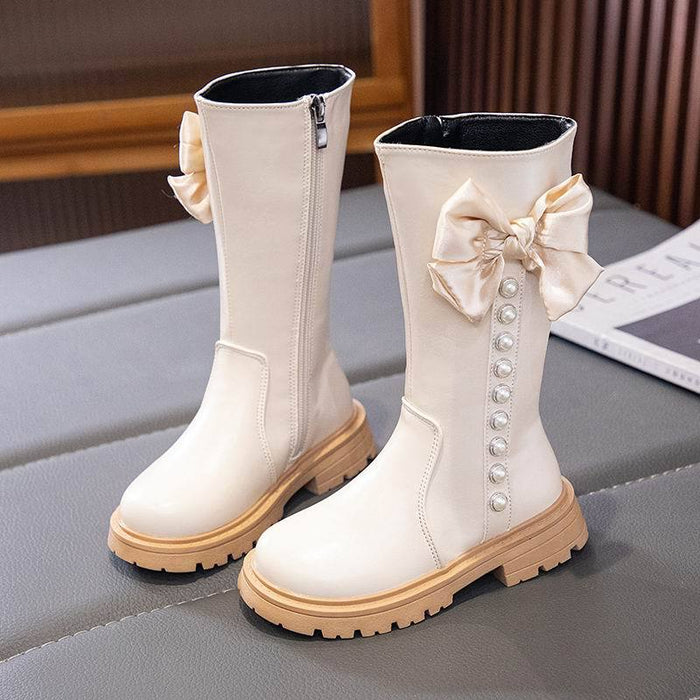 Wholesale A Pair/ Children's Fashionable Princess Bow Pearl and Velvet Warm High Top Cotton Boots JDC-KS-SB005