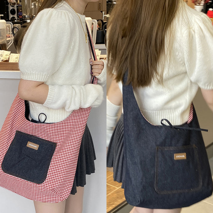 Wholesale Cowboy plaid double-sided shoulder bag, versatile class backpack, casual commuting tote bag