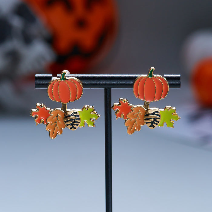 Wholesale Autumn Pumpkin Pinecone Maple Fox Dangle Earrings Drop Oil Double Layer Jewelry Accessory