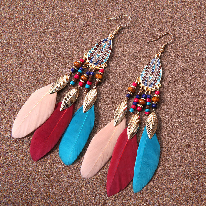 Wholesale Alloy Bohemian Water Droplet Tassel Feather Earrings JDC-ES-Gumi012