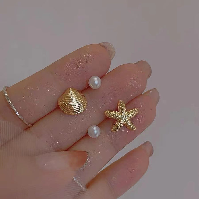 Wholesale S925 Anti-Silver Starfish Shell Pearl Earrings Women's Four-Piece Set