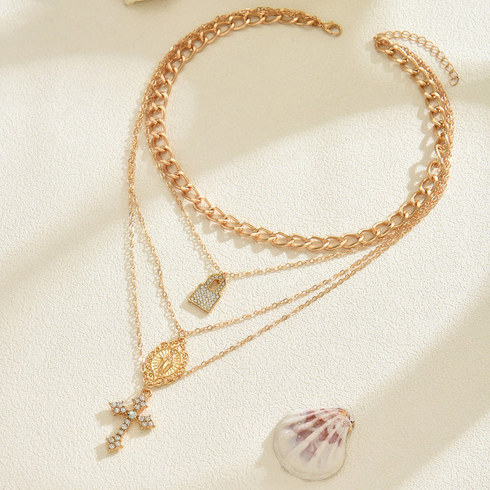 Wholesale Diamond studded cross pendant necklace with temperament, multi-layered collarbone chain