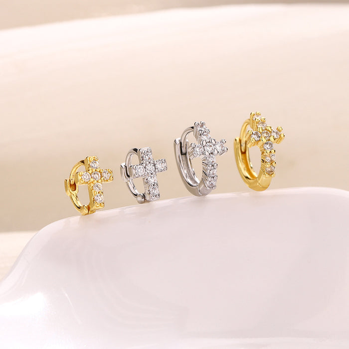 Wholesale Sparkling Diamond Cross Ear Buckle Earring Cross shaped Design Geometric Zircon Earrings