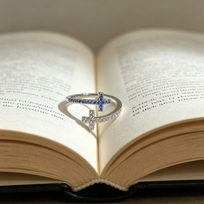 Wholesale Gold Plated Double Cross Zircon Ring Adjustable Unisex Fashion Accessory