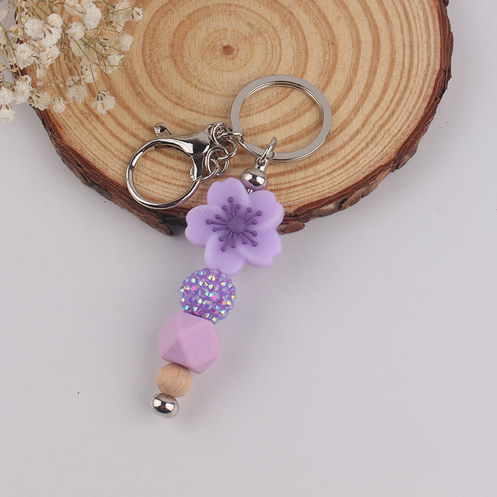 Wholesale Begonia  Flower Beaded Tassel Keychain Pendant Silicone Beads Handmade Bag Decoration Hanging