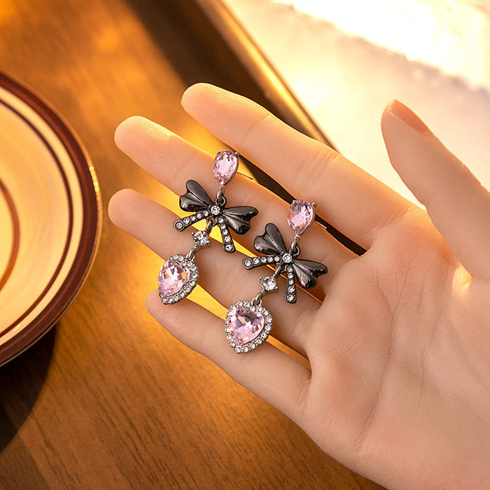 Wholesale Silver needle sweet pink heart earrings simple micro-inlaid zircon pearl earrings bow earrings