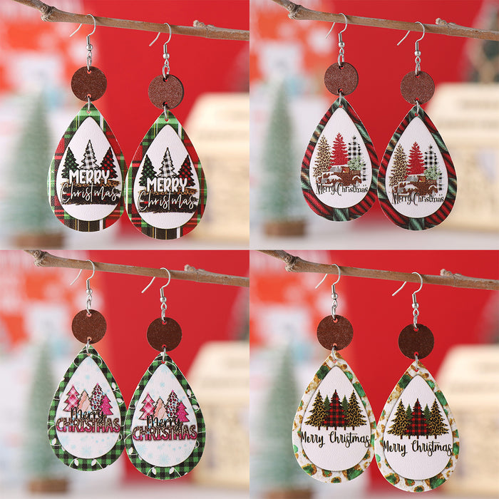 Wholesale Christmas Leopard Plaid Tree  Leather Wood  Earrings