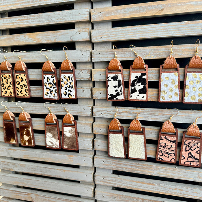 Wholesale Western genuine leather earrings Cow brand geometric hollow inlaid leopard print classic exaggerated earrings