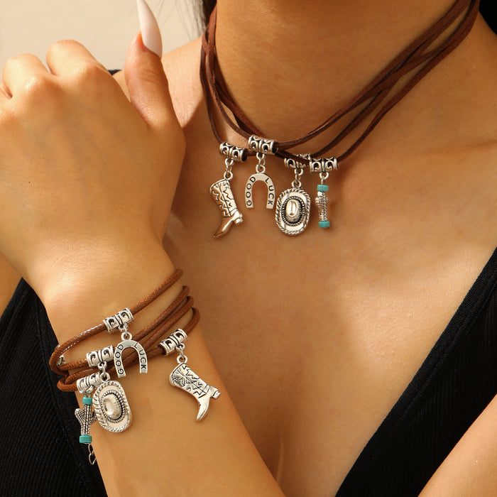Wholesale Bohemian Ethnic Style Zinc Alloy Jewelry Set Cow Head Design Necklace and Bracelet