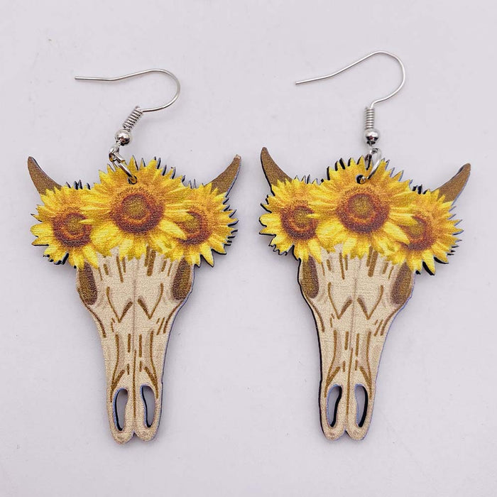 Wholesale Retro Wooden Earrings Western Denim Series Cowhead Sunflower Boho Earrings