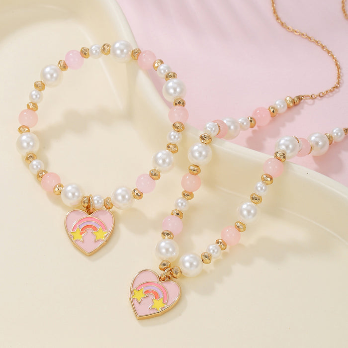 Wholesale Sweet pearl beaded necklace bracelet suit Heart pendant necklace jewelry