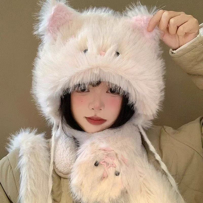 Wholesale Cute Hairpin Cat Fluffy Hat Women's Autumn and Winter Thickened Warm Cold-proof Ear Protectors Hat Neck Protectors