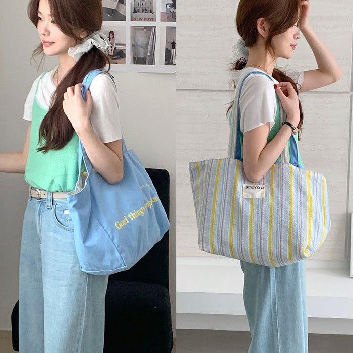 Wholesale New tote bag with striped contrasting double-sided bag, large capacity canvas bag for class commuting