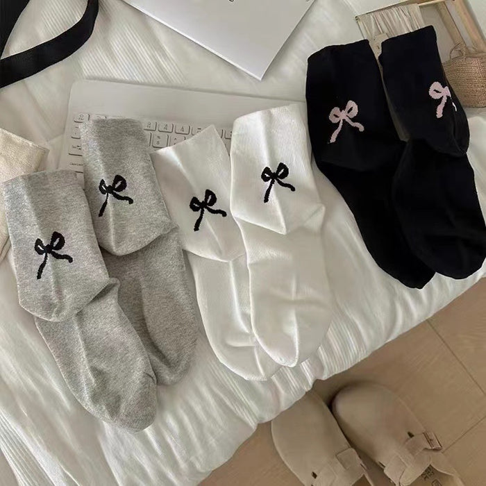 Wholesale Grey bow middle tube socks, pure cotton heel long tube pile socks