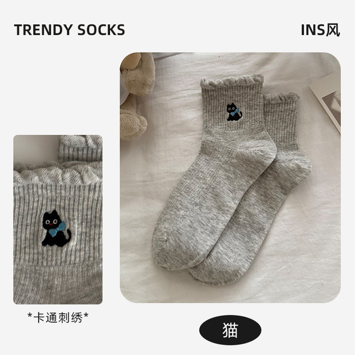 Wholesale Socks Children's Cotton Socks Cartoon Embroidery Lace Middle Sock Pattern Grey Sports Socks